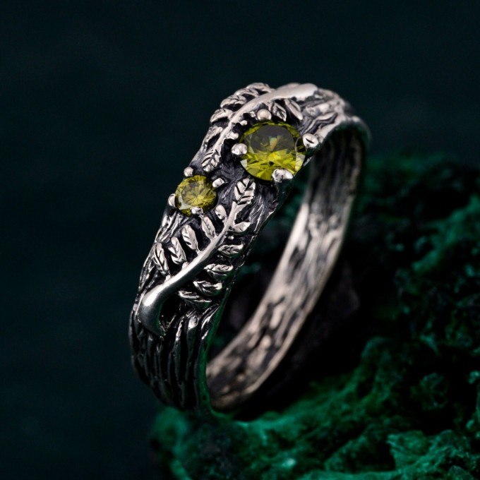 Artisan-Crafted Peridot Silver Twig Ring - Unique Woodland Engagement Band