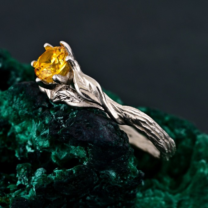 Sylvan Citrine Engagement Ring – Silver Nature-Inspired Band, Elven Leaf Design, Woodland Aesthetic Jewelry for Her