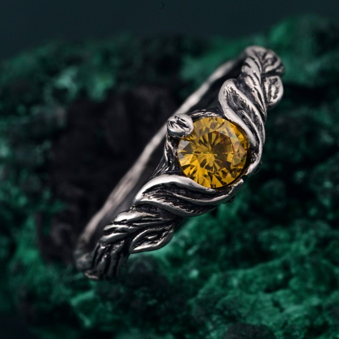 Unique Twig Leaf Norse Engagement Ring – Rustic Twig Design for Promise, Sterling Silver Fantasy Wedding Ring