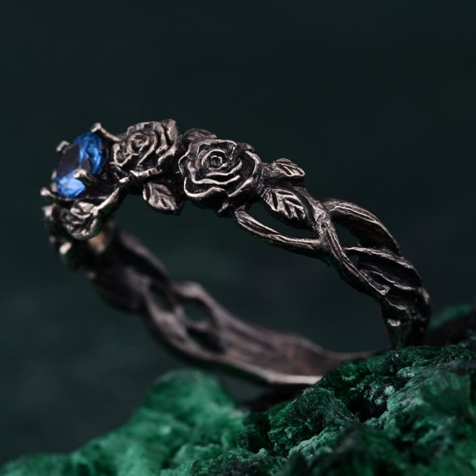 Topaz Blossom Silver Ring – Nature's Elegance Silver Ring, Floral Twig Accent Ring, Dainty Branch Delight Ring, Flower on Silver Twig Ring