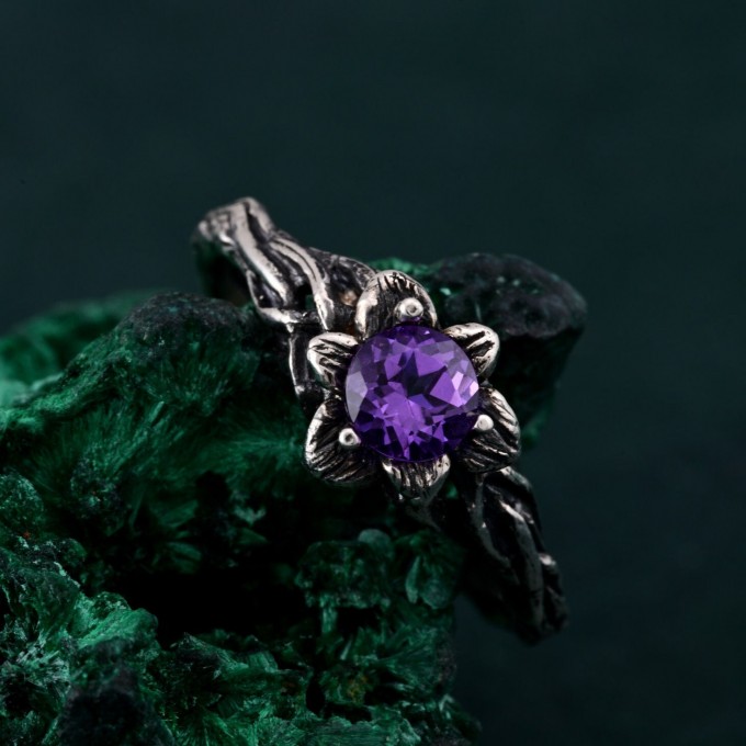 Amethyst Blossom Twig Ring - Enchanted Forest Whimsical Vine Design