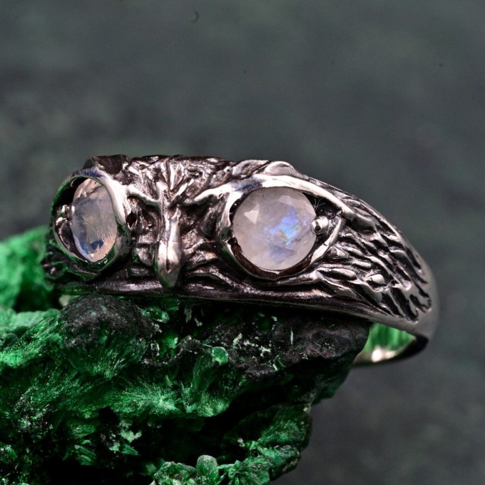 Gothic Silver Ring with Twin Moonstones and Nature Motif