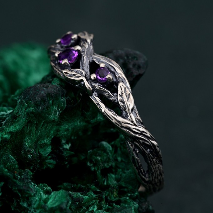 Amethyst Silver Twig Engagement Ring - Unique Dainty Leaf Design for Women