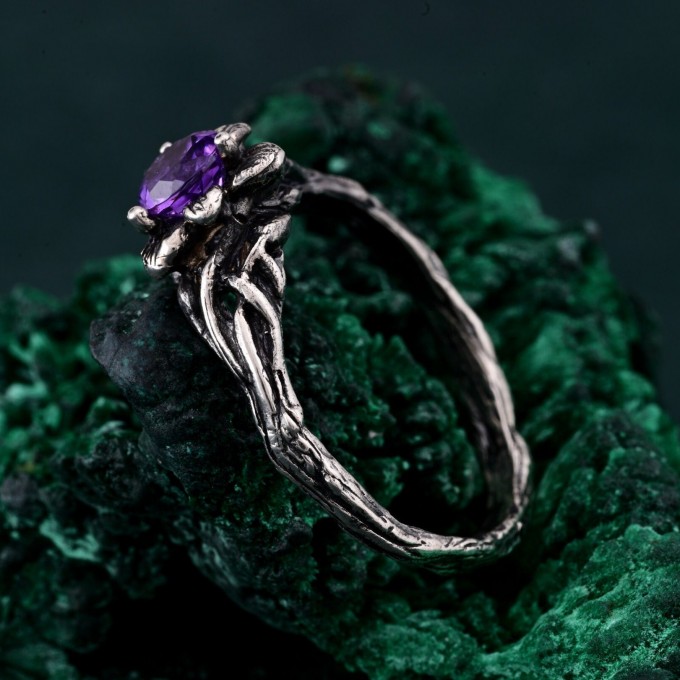Amethyst Blossom Twig Ring - Enchanted Forest Whimsical Vine Design