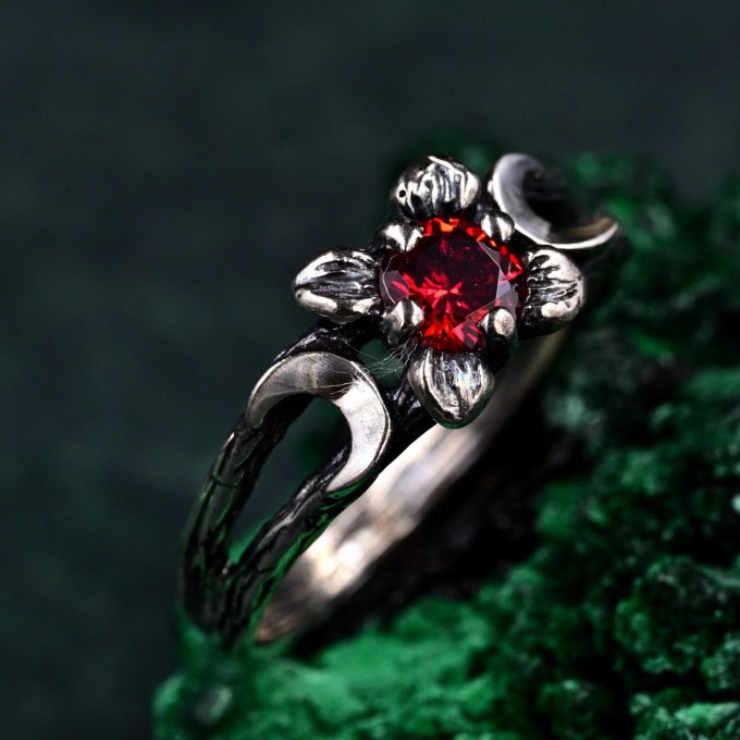 Mystic Garnet Lunar Ring Triple Moon Goddess Silver Ring Celestial Crescent Moon Engagement Ring