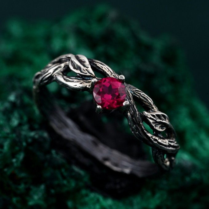 Leafy Branch with Ruby Ring – Nature-Inspired Silver Twig Jewelry