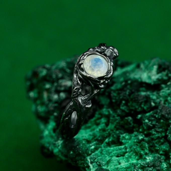 Moonstone Fairy Twig Ring - Elven Silver Engagement with Floral Wildflower Design