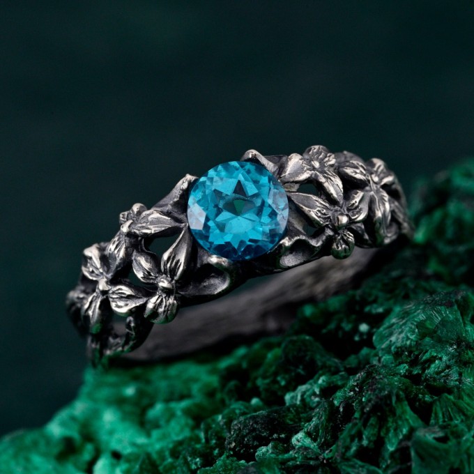 Ethereal Topaz Engagement Ring: Vintage Floral and Tree Branch Design