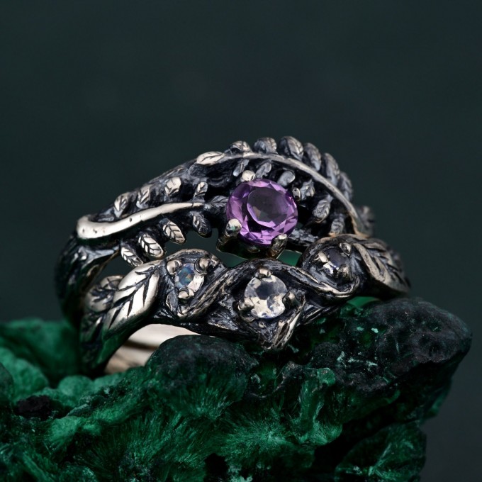 Mystical Amethyst Tree Ring - Enchanted Forest Handcrafted Leafy Silver Engagement Ring