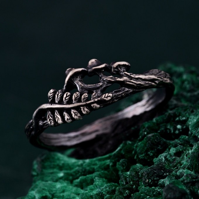 Unique Ring with Mushrooms - Unisex Gothic Wedding Band