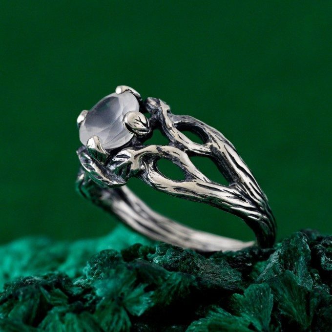 Gothic Silver Ring with Moonstone and Organic Design