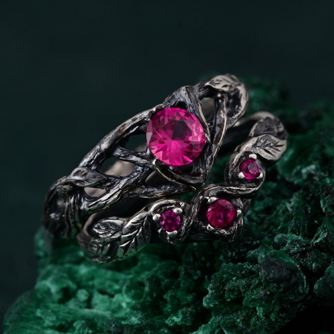 Enchanted Forest Silver Ring Set - Whimsical Leaf Design Wedding Stack
