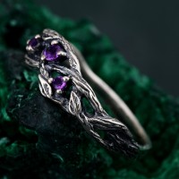 Amethyst Silver Ring - Nature-Inspired Twig Engagement Ring - Unique Dainty Leaf Design - Women's Birthstone Jewelry - Gift for Her