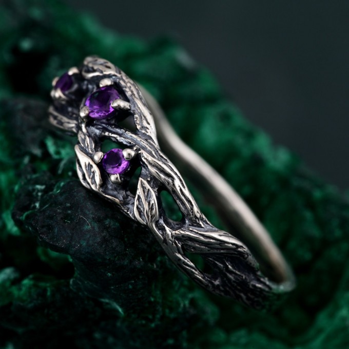 Amethyst Silver Twig Engagement Ring - Unique Dainty Leaf Design for Women