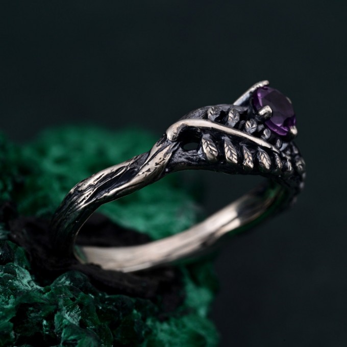 Amethyst Fern Branchlet Ring - Graceful Twig and Fern Woodland Band
