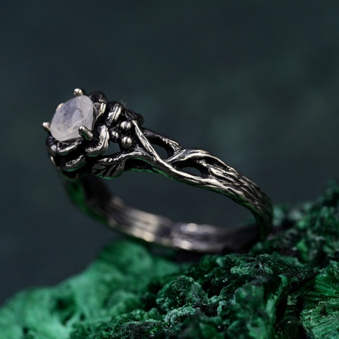 Bohemian Moonstone Lotus Ring - Unique Botanical Design