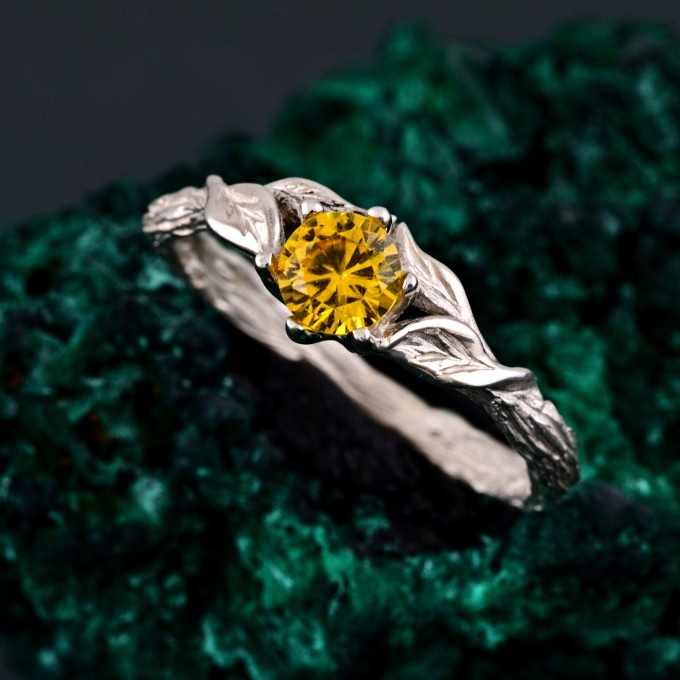 Sylvan Citrine Engagement Ring – Silver Nature-Inspired Band, Elven Leaf Design, Woodland Aesthetic Jewelry for Her