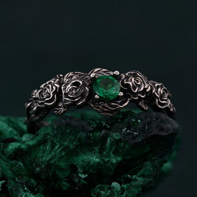 Emerald Blossom Silver Elegance – Dainty Floral Twig Accent Ring, Nature's Elegant Silver Bloom with Flower on Silver Twig