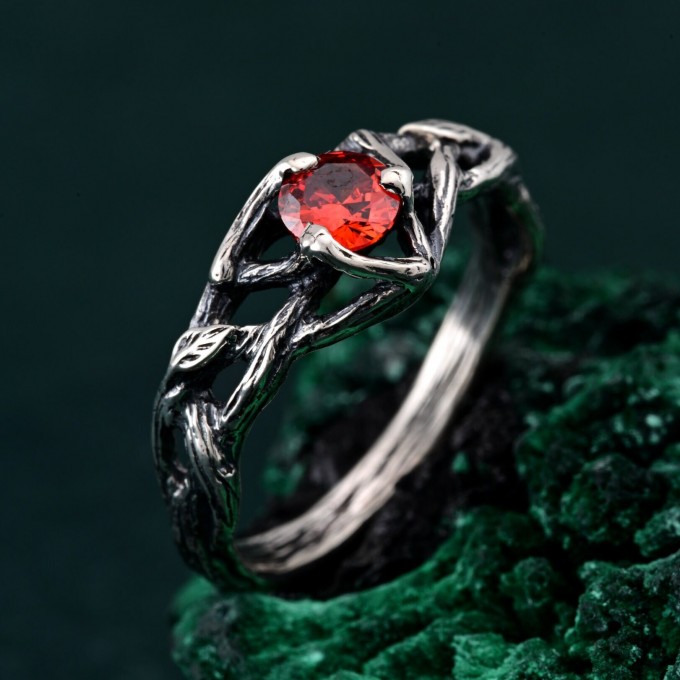Unique Ring for Women's Engagement – Silver Nature-Inspired Design, Garnet Branch Ring, Perfect Gift for Her