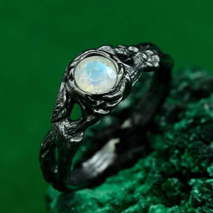 Moonstone Floral Tree Branch Ring - Nature Pattern Band and Silver Moonstone Fairy Twig Design