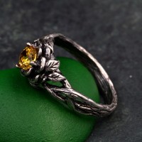 Artisan Silver Lotus Ring - Handcrafted Citrine Gemstone, Elegant Botanical Wedding Jewelry