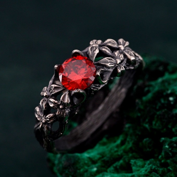 Gothic Silver Ring with Garnet and Floral Design