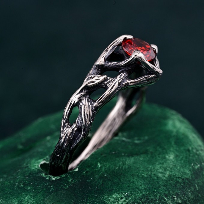 Unique Ring for Women's Engagement – Silver Nature-Inspired Design, Garnet Branch Ring, Perfect Gift for Her