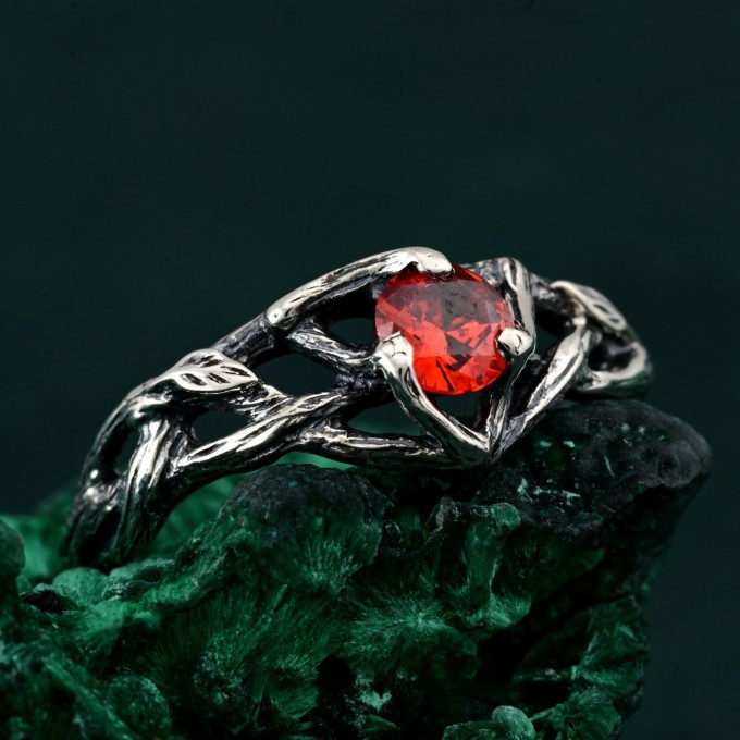 Unique Ring for Women's Engagement – Silver Nature-Inspired Design, Garnet Branch Ring, Perfect Gift for Her