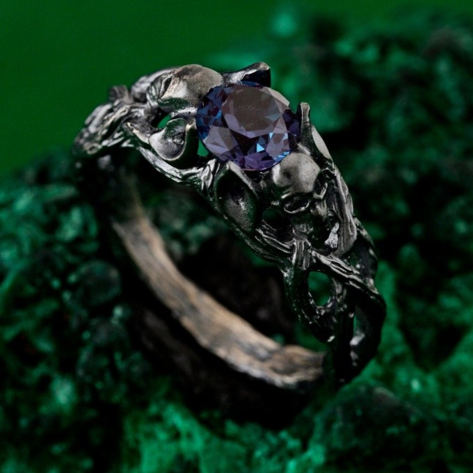 Artisan Silver Skull Engagement Ring - Mystical Wedding Band with Bohemian Branch Design