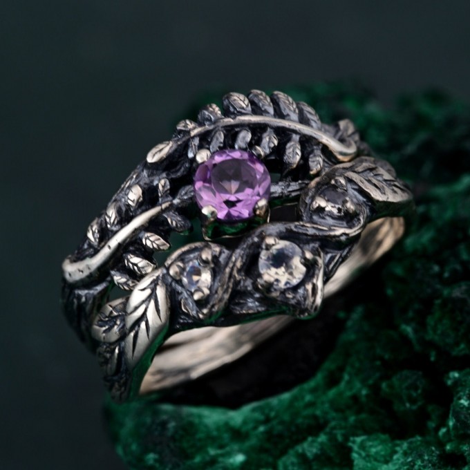Mystical Amethyst Tree Ring - Enchanted Forest Handcrafted Leafy Silver Engagement Ring