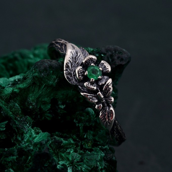 Enchanted Forest Silver Ring - Elegant Garnet & Moth Twig Design