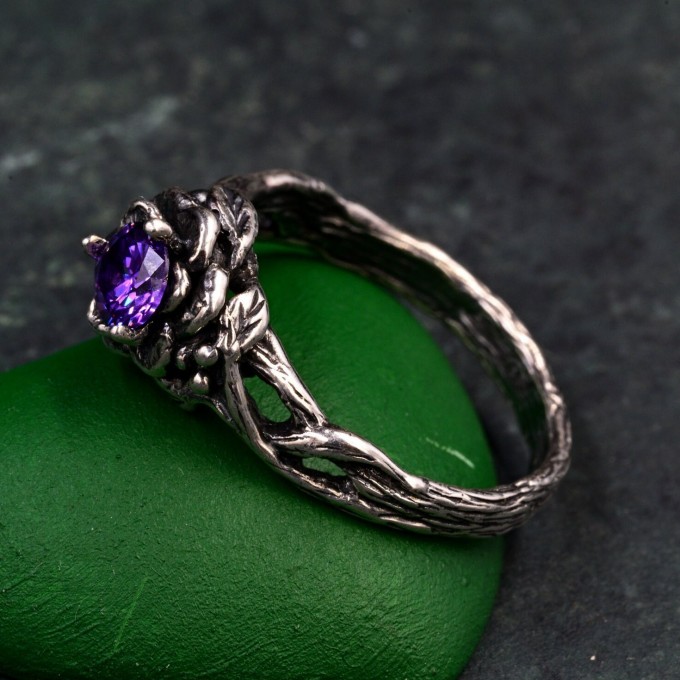 Amethyst Dewdrop Ring - Silver Leaves Embrace with Botanical Romance Design
