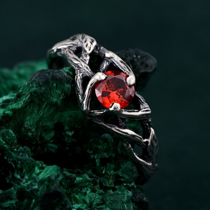 Unique Ring for Women's Engagement – Silver Nature-Inspired Design, Garnet Branch Ring, Perfect Gift for Her