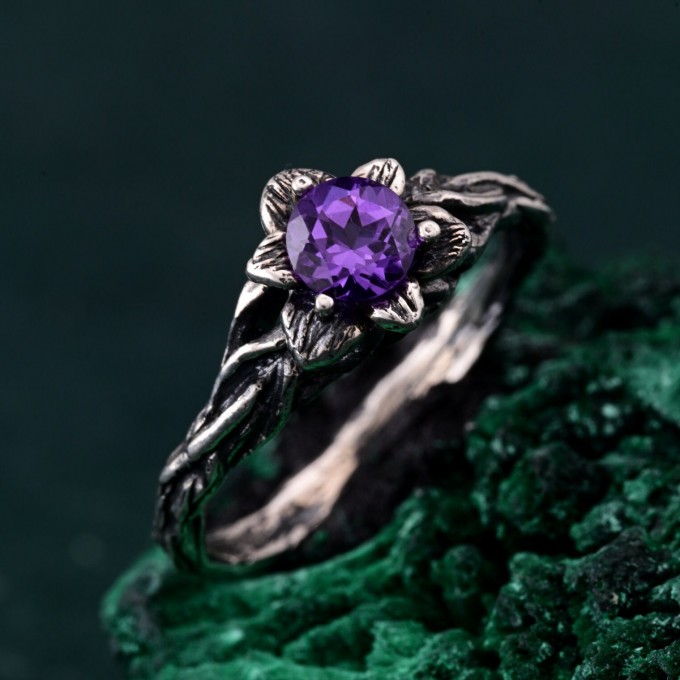 Amethyst Blossom Twig Ring - Enchanted Forest Whimsical Vine Design