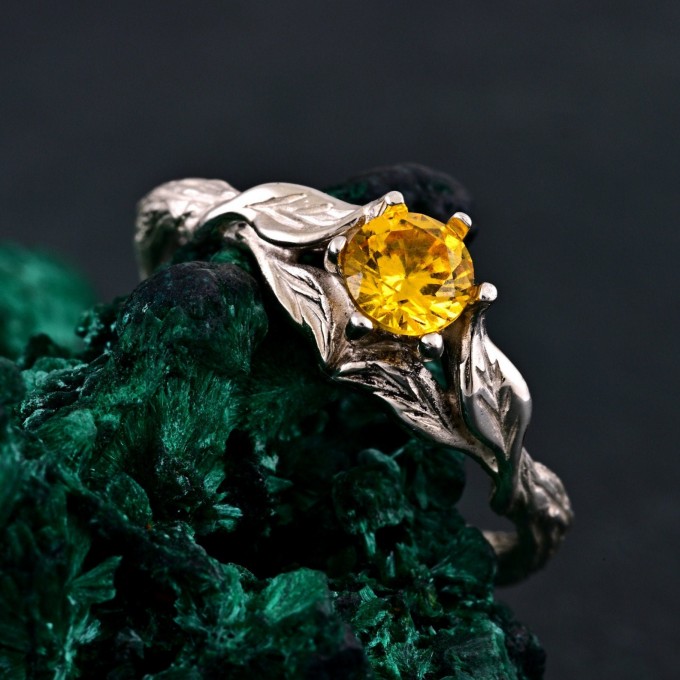 Sylvan Citrine Engagement Ring – Silver Nature-Inspired Band, Elven Leaf Design, Woodland Aesthetic Jewelry for Her