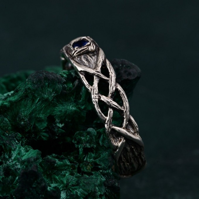 Celtic Pattern Wedding Band with Sapphire - Unique Tree Bark Texture Ring for Couples