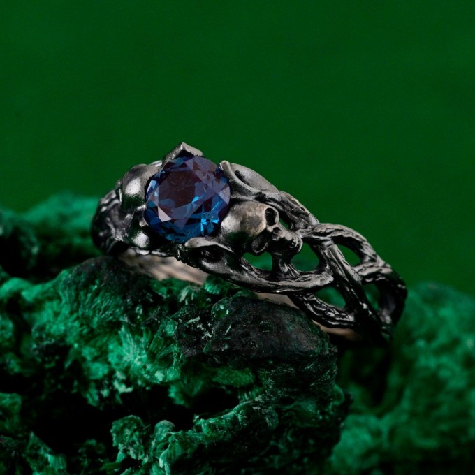 Artisan Silver Skull Engagement Ring - Mystical Wedding Band with Bohemian Branch Design