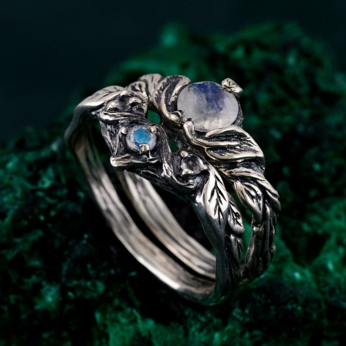 Silver Moonstone Ring Set: Nature-Inspired Leaf and Vine Design Bohemian Wedding Band