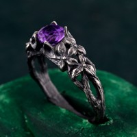 Amethyst Silver Ring, Handcrafted Botanical Ring, Antique Finish, Elegant Purple Gemstone, Romantic Gift, Artisan Floral Design