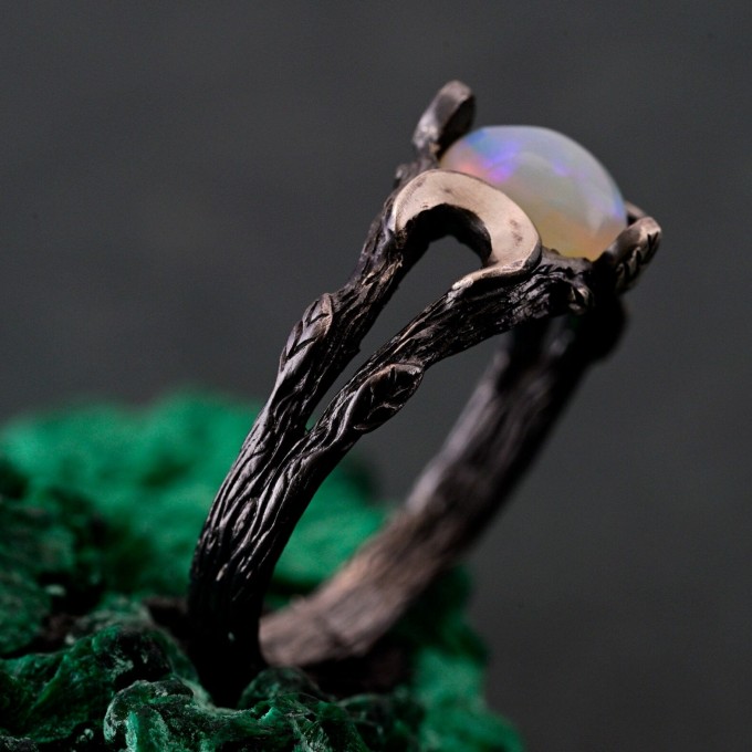 Silver Moon Phase Ring with Opal: Boho Celestial Wedding Band with Enchanted Forest Design