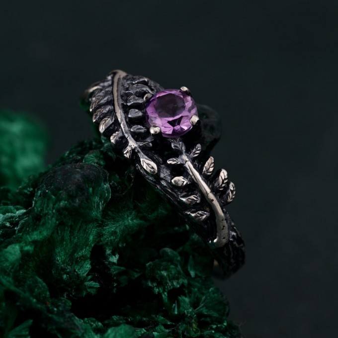 Amethyst Fern Branchlet Ring - Graceful Twig and Fern Woodland Band