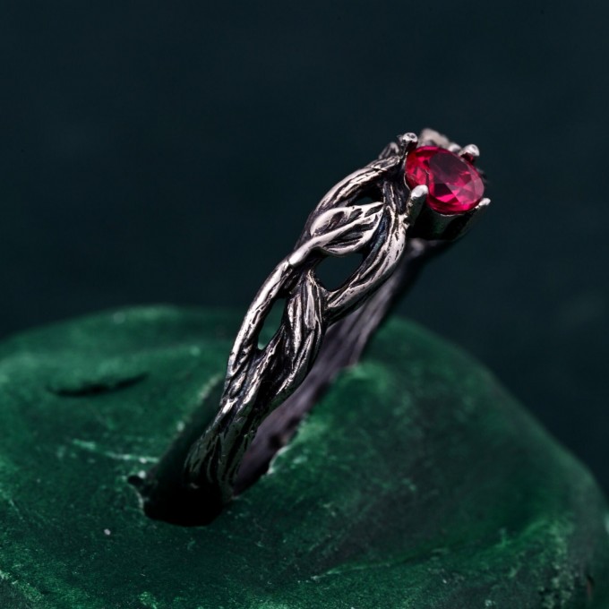 Leafy Branch with Ruby Ring – Nature-Inspired Silver Twig Jewelry