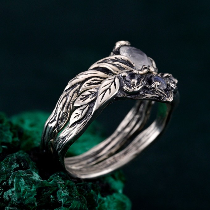 Silver Moonstone Ring Set: Nature-Inspired Leaf and Vine Design Bohemian Wedding Band