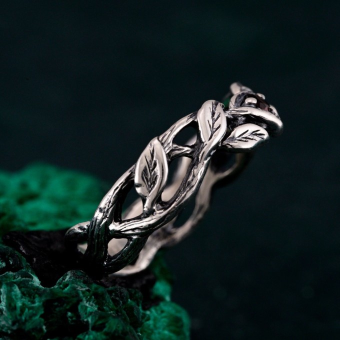 Garnet Twig Silver Ring - Adorned Branch Design