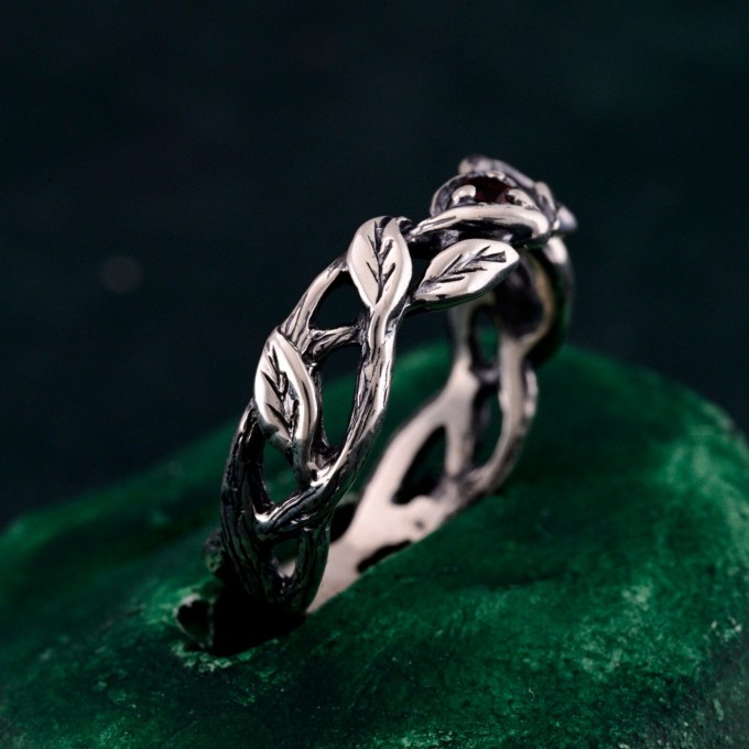 Garnet Twig Silver Ring with Dainty Branch and Petite Leaf Design