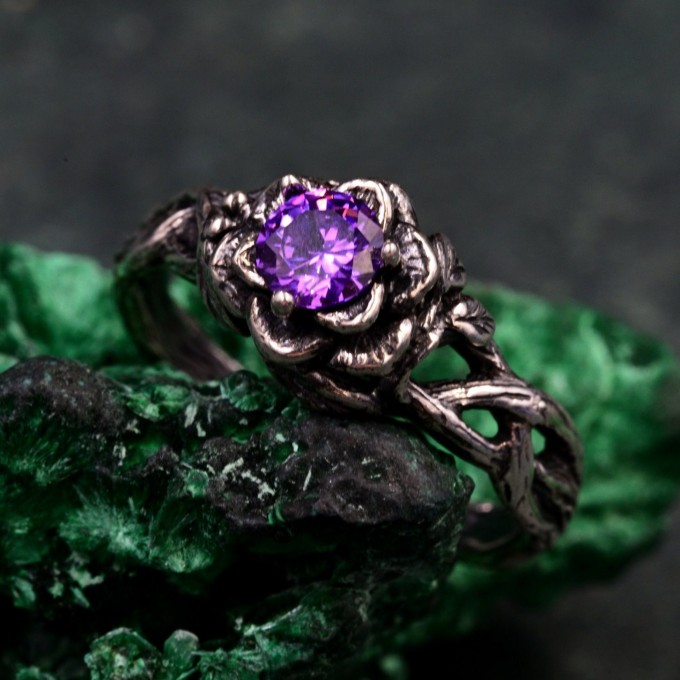 Amethyst Dewdrop Ring - Silver Leaves Embrace with Botanical Romance Design
