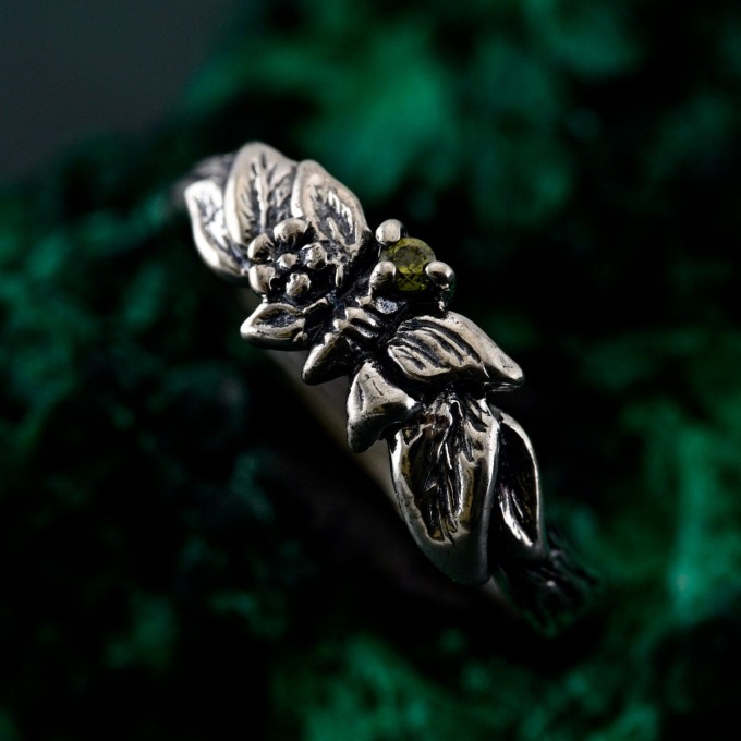 Unique Peridot Twig Engagement Ring - Nature-Inspired Sterling Silver Design with Butterfly
