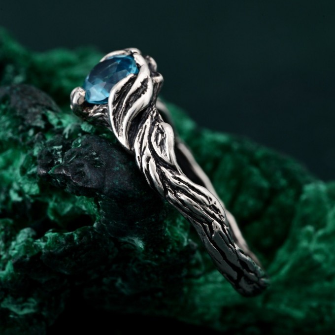 Sterling Silver Fantasy Wedding Ring with Nature Inspired Motif – Nature's Embrace Ring, Enchanted Forest Engagement Ring