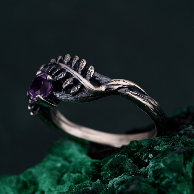 Amethyst Fern Branchlet Ring - Graceful Twig and Fern Woodland Band