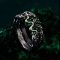 Gothic Silver Ring with Serpent and Emerald Design